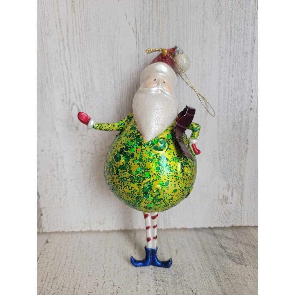 Jolly round Santa Claus green glitter ornament Xmas